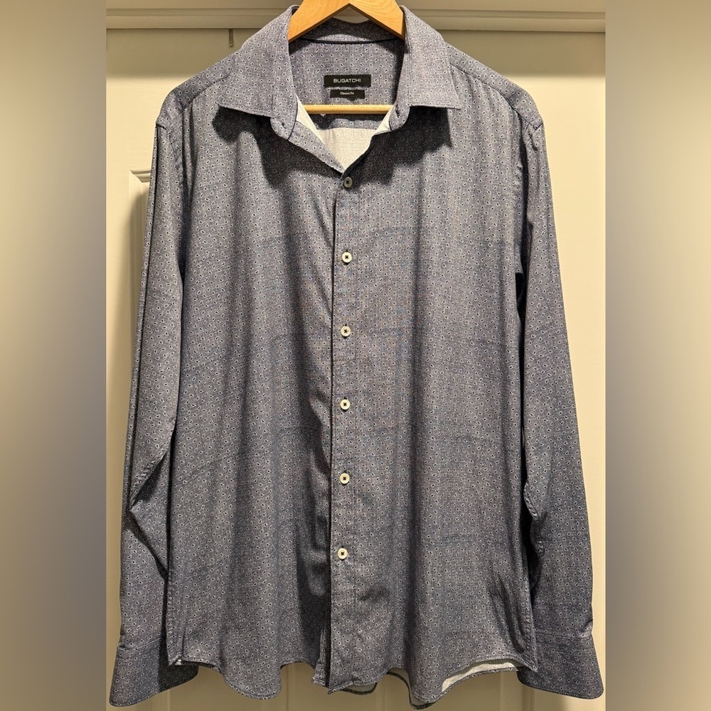 Bugatchi Classic Fit Long Sleeve Button-Down Shirt – Blue Paisley Micro Print